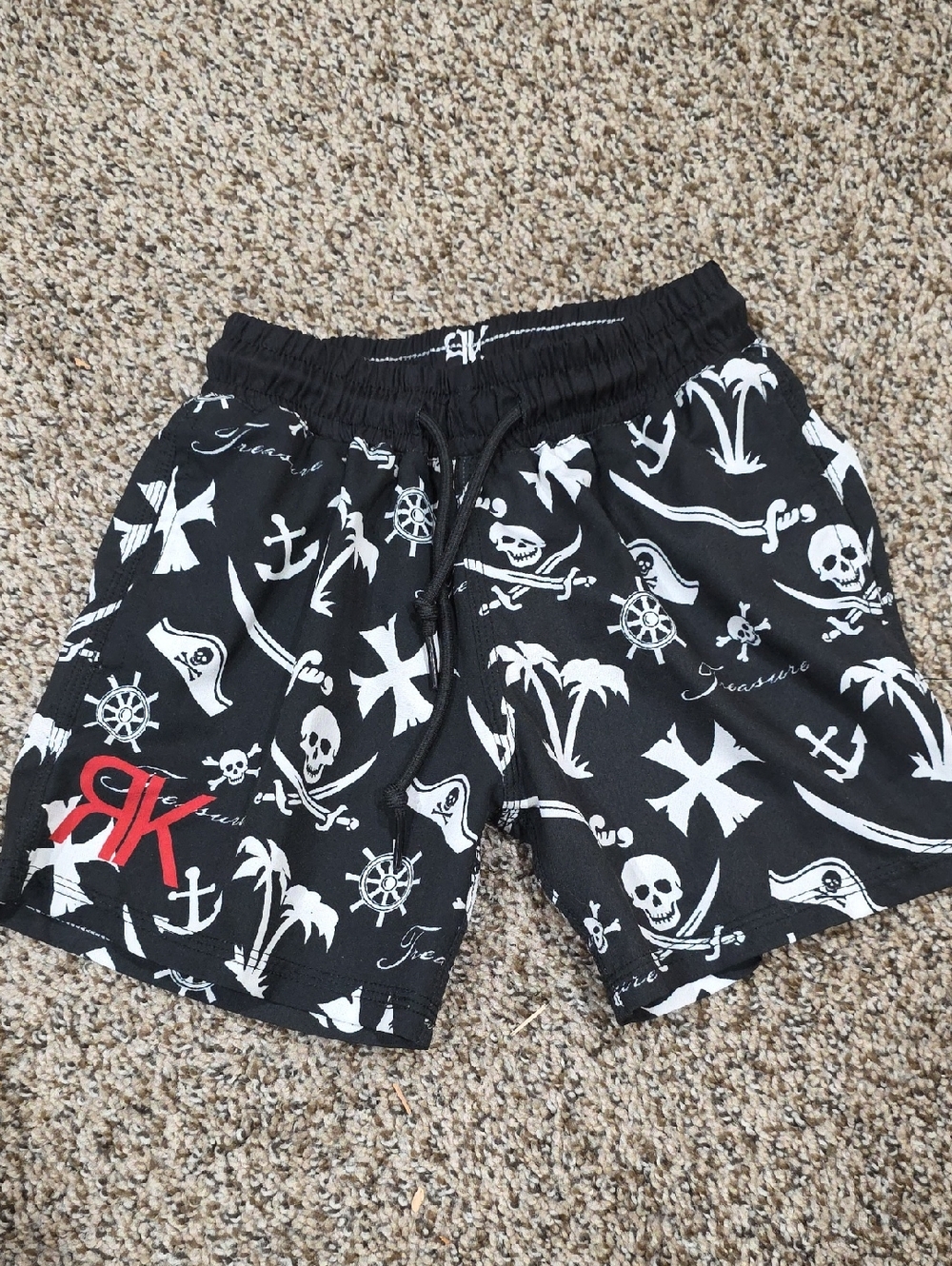 Black & White Pirate Print Kids Swim Trunks